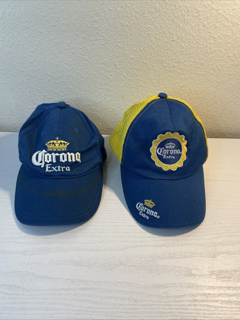 Lot of 2 Corona Extra Beer Promotional Hats - Blue/Yellow Trucker & Baseball Cap